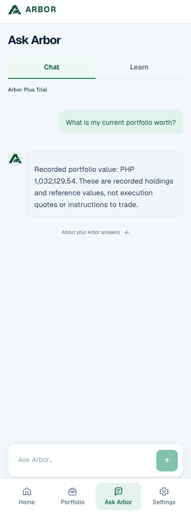 Actual Ask Arbor answer in Filipino explaining how to record a purchase: choose the investment, enter date, units and actual PHP paid, then review. Synthetic example.