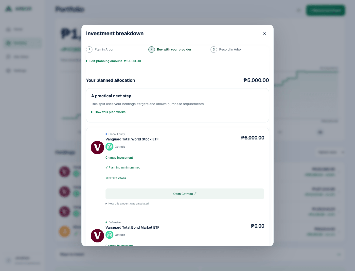 Actual Arbor Plus investment breakdown: PHP 5,000 adjusted for the recorded Jonathan sample portfolio, with reconciled totals and fund-specific provider actions.