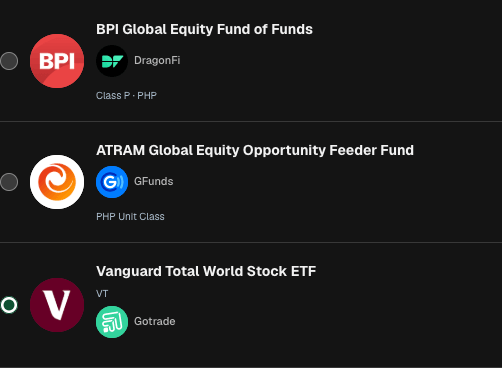 Actual Ways to invest picker: supported Global Equity investments and their providers. Options are not ranked. Synthetic example.